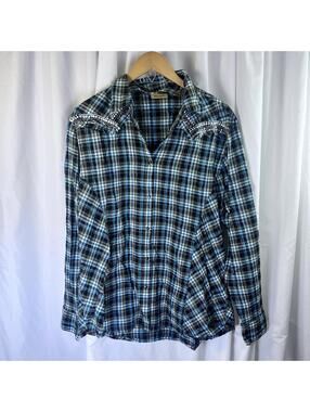 WRANGLER Womens Blue Plaid Rhinestone Long Slv Western Snap Shirt XL Fringe